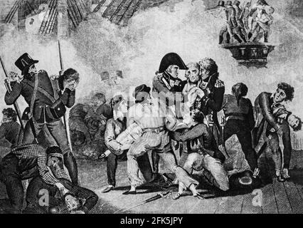 The wounding of Lord Horatio Nelson on 21 October 1805 when a musket ball penetrated his chest; the Sergeant Major of Marines with two seamen raised him from the deck. His death, a few minutes later occurred on the flagship HMS Victory during the Battle of Trafalgar off the coast of Spain's Cape Trafalgar Peninsula, when the British Fleet, led by Lord Horatio Nelson, took on a combined French and Spanish force  when Napoleon Bonaparte was poised to send his powerful army across the English Channel to conquer the island. Stock Photo