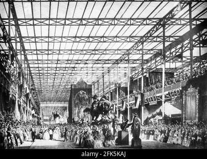 The royal party at the Great Exhibition, (sometimes referred to as the Crystal Palace Exhibition in reference to the temporary structure in which it was held). The international exhibition, took place in Hyde Park, London, from 1 May to 15 October 1851, the first in a series of World's Fairs, exhibitions of culture and industry that became popular in the 19th century. The Great Exhibition was organised by Henry Cole and by Prince Albert, husband of the reigning monarch of the United Kingdom, Queen Victoria. Stock Photo