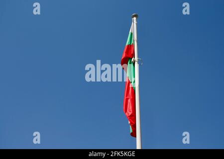 Flag of Bulgaria waving on a flagpole against blue sky Stock Photo