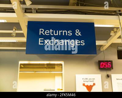 returns and exchanges sign at IKEA Brooklyn NYC store Stock Photo