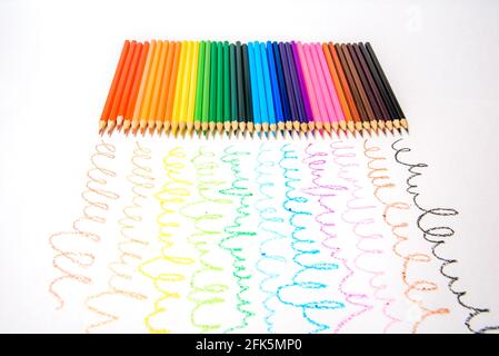 Colored pencils of various colors, Color background. Stock Photo