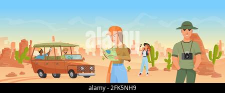 Friends people on vacation desert tour in Arizona landscape, tourism travel by jeep Stock Vector