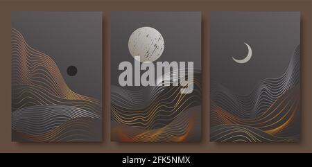 Abstract contemporary aesthetic night landscape with moon set, trendy art wall decoration Stock Vector