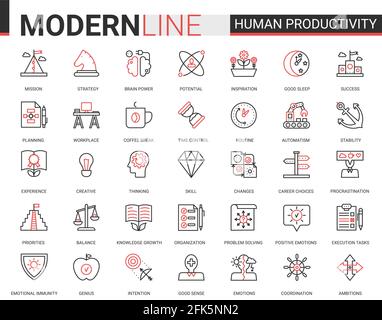 Human brain productivity, concentration classic red black outline line icons vector illustration Stock Vector