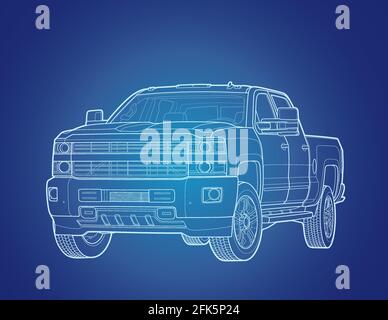 Pickup truck vector illustration white lines isolated on blue Stock Vector