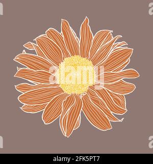 Single sunflower head digital drawing, terracotta and yellow with white outline on taupe. Floral vector illustration in modern style. Decorative design element for wallpaper, wrapping, textile, fabric Stock Vector