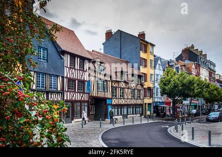 Rouen, France, Oct 2020, view of Rue Martainville a cobblestoned street in the pedestrian centre with medieval half-timbered houses Stock Photo