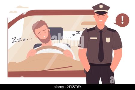 Danger of sleeping while driving car automobile, young sleepy driver and police officer Stock Vector