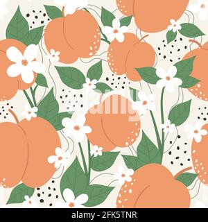 Peach or apricot fruit with flowers seamless pattern design set, summer peachy trendy botany texture Stock Vector