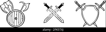 Set of medieval weapons of swords, axes crossed behind the shield in doodle style isolated Stock Vector