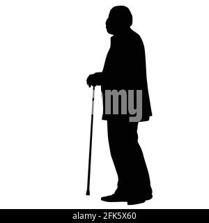 Old man silhouette with stick on white background, vector illustration Stock Vector