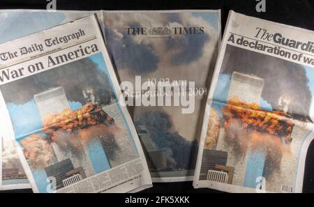 UK newspaper front pages following the terrorist attacks on the United States on 11th September 2001. Stock Photo