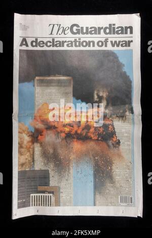 Front page of The Guardian (UK) following the terrorist attacks on the United States on 11th September 2001. Stock Photo