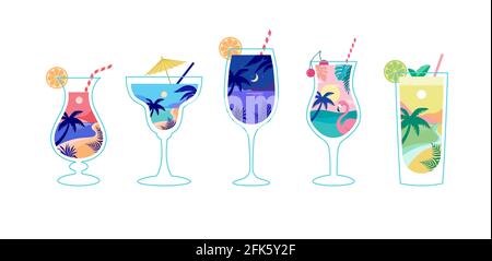 Summer time fun concept design with cocktails. Creative background of landscape, panorama of sea and beach on cocktail glasses. Summer sale, post Stock Vector