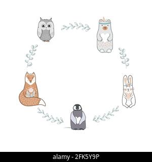 Round shape frame with cute baby fox, bear, owl, hare, and penguin. Scandinavian style, doodle forest wreath isolated on white Stock Vector