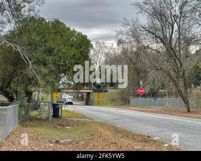 Augusta, Ga USA - 04 12 21:  The low rail train bridge on Olive road as cause numerous wrecks over the years with trucks Stock Photo