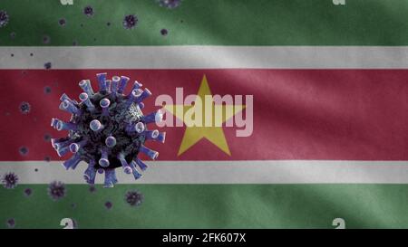 3D, Surinamese flag waving and Coronavirus 2019 nCov concept. Asian outbreak in Suriname, coronaviruses influenza as dangerous flu strain cases as a p Stock Photo