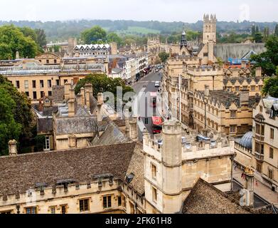 View of Oxford (United Kingdom) with Magdalen Tower in the background, part of the famous Magdalen College, on a typically English overcast day Stock Photo