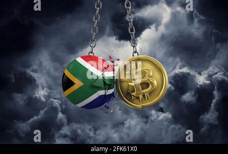 South Africa flag smashing into a gold bitcoin crypto coin. 3D Rendering Stock Photo