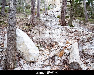 Collapsed rocky boulders fall down from sandstone rocks and landslide blocked forest path. Danger place Cesky raj park, north of Czechia. Stock Photo