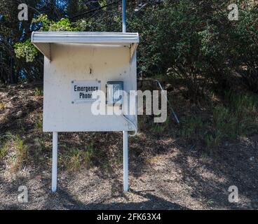 Emergency phone station at Lake Hollywood, Los Angeles, CA. Stock Photo