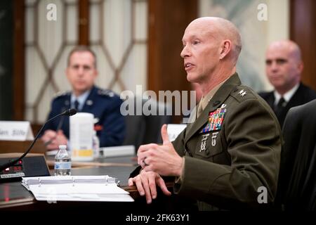 Major General James Glynn, Commander, United States Marine Corps Special Operations Command, appears before a Senate Committee on Armed Services - Subcommittee on Emerging Threats and Capabilities hearing to examine United States Special Operations Command's efforts to sustain the readiness of special operations forces and transform the force for future security challenges, in the Russell Senate Office Building in Washington, DC, Wednesday, April, 28, 2021. Credit: Rod Lamkey/CNP | usage worldwide Stock Photo
