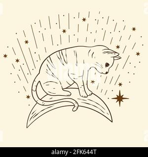 Celestial dreaming cat sacred astrology boho esoteric line art. Nursery animal outline art. Stock Vector