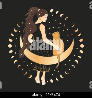 Celestial woman with a cat sacred astrology feminine boho esoteric golden and black black art. Moon and star magic vector. Stock Vector