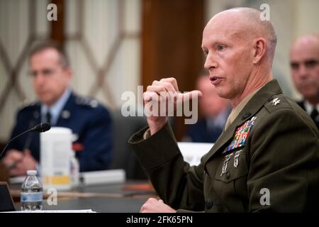 Washington, United States Of America. 28th Apr, 2021. Major General James Glynn, Commander, United States Marine Corps Special Operations Command, appears before a Senate Committee on Armed Services - Subcommittee on Emerging Threats and Capabilities hearing to examine United States Special Operations Command's efforts to sustain the readiness of special operations forces and transform the force for future security challenges, in the Russell Senate Office Building in Washington, DC, Wednesday, April, 28, 2021. Credit: Rod Lamkey/CNP/Sipa USA Credit: Sipa USA/Alamy Live News Stock Photo