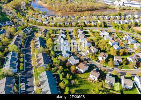 Aerial cityscape view in New Brunswick, New Jersey with Rutgers University  during sunrise Stock Photo by wirestock