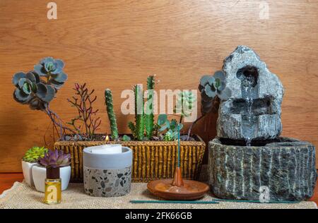 Relaxing home shrine with objects for relaxing and meditation al Stock Photo