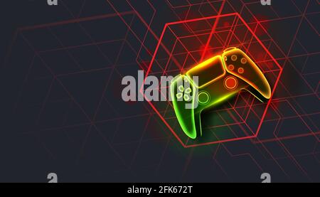Neon game controller or joystick for game console on dark background. Stock Vector