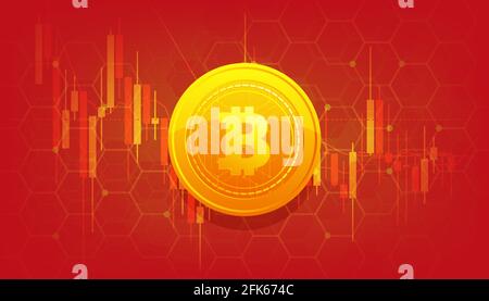 Golden Bitcoin on red background banner template design. Bitcoin currency. Crypto coin with growth chart. International stock exchange. Network bitcoi Stock Vector