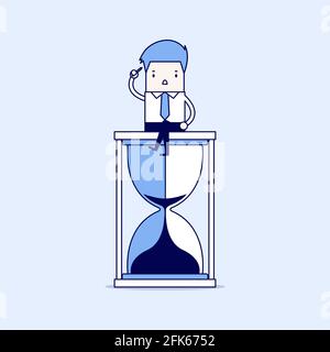 Businessman keeps thinking and sitting on a hourglass, creative thinking. Cartoon character thin line style vector. Stock Vector