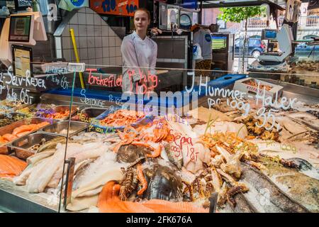 COPENHAGEN, DENMARK - AUGUST 28, 2016: Seafood stall inTorvehallerne indoor food market in the centre of Copenhagen. Stock Photo