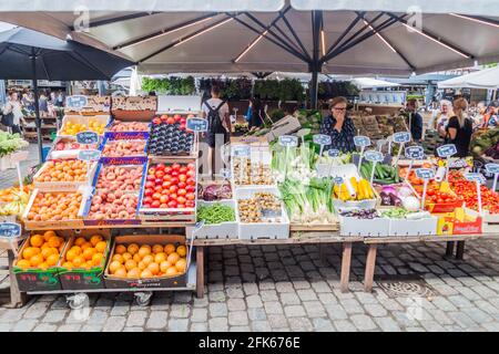 COPENHAGEN, DENMARK - AUGUST 28, 2016: Fruit and vegetable stall at a market in the centre of Copenhagen. Stock Photo