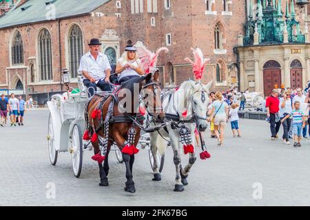 KRAKOW, POLAND - SEPTEMBER 3, 2016: Horse carriage with tourists on Market square in Krakow, Poland Stock Photo