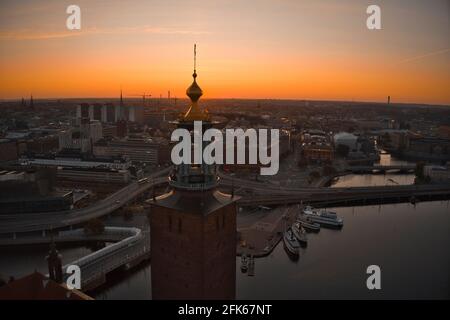 Stockholm, SWEDEN - June 21, 2019.Aerial view over Stockholm skyline in sunrise. High quality photo Stock Photo