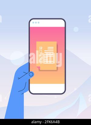 human hand using mobile app online data statistics remote business control on smartphone screen Stock Vector