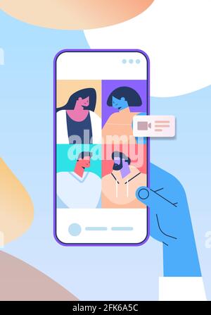 hand using mobile app for virtual conference meeting friends discussing during video call on smartphone screen Stock Vector