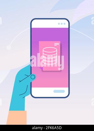 human hand using mobile app online data statistics remote business control on smartphone screen Stock Vector
