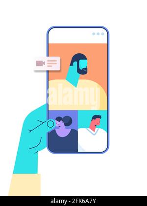 hand using mobile app for virtual conference meeting friends discussing during video call on smartphone screen Stock Vector