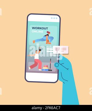 hand using mobile fitness app people doing physical exercises on smartphone screen online training workout Stock Vector