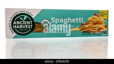 Winneconne, WI - 22 April 2021:  A package of Ancient Harvest spaghetti on an isolated background Stock Photo