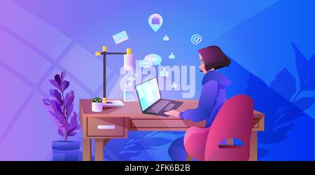 woman sitting at workplace and working on laptop chat bubble communication social media network concept Stock Vector