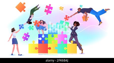 mix race businesspeople team putting parts of puzzle together problem solution teamwork concept Stock Vector