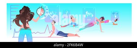 young people doing sport exercises with female fitness trainer online cardio training workout concept Stock Vector