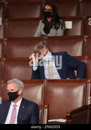 Washington, USA. 28th Apr, 2021. U.S. House Minority Leader Rep. Kevin McCarthy (R-CA), Rep. Jim Jordan (R-OH) and Rep. Lauren Boebert (R-CO) listen as President Joe Biden delivers his first address to a joint session of the U.S. Congress inside the House Chamber of the U.S. Capitol in Washington, U.S., April 28, 2021. (Photo by Jonathan Ernst/Pool/Sipa USA) Credit: Sipa USA/Alamy Live News Stock Photo