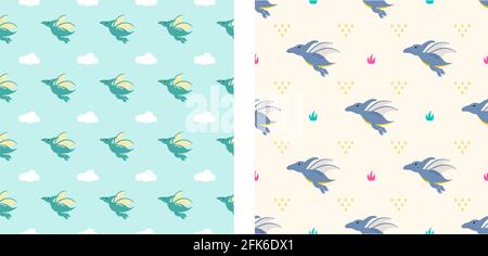 Cute Cartoon Characters Pterodactyl Dinosaurs With Seamless Pattern To Wallpaper Background, Posters, or Banner Template. Vector Illustration Stock Vector