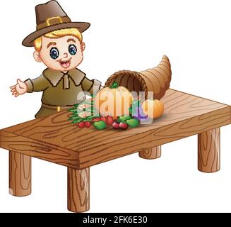 Pilgrim boy with cornucopia of fruits and vegetables on wooden table Stock Vector